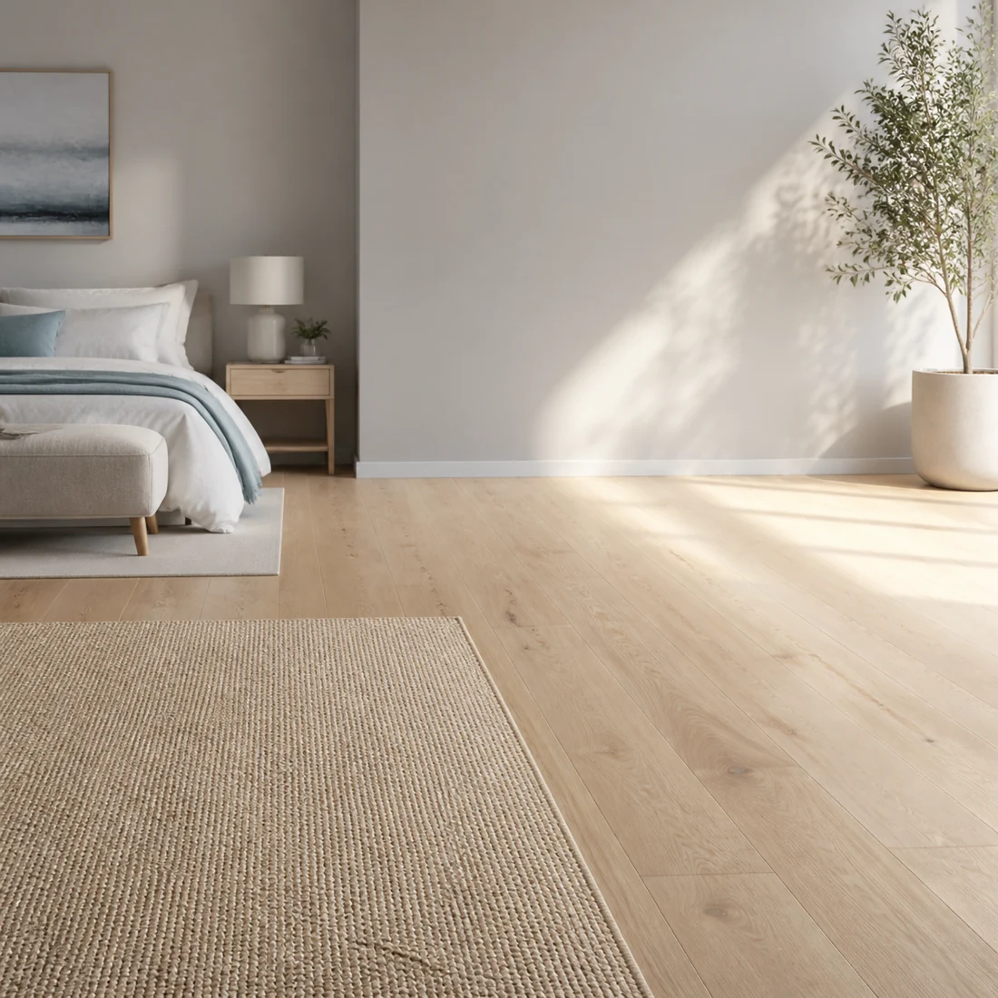 A light bedroom with natural wood flooring