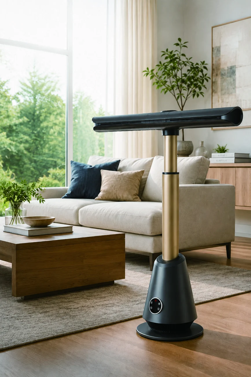 UML-FC02 in Black / Gold, standing beside a sofa